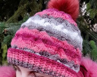 Handmade knitted hat, Winter women hat, Faux fur pom pom hat