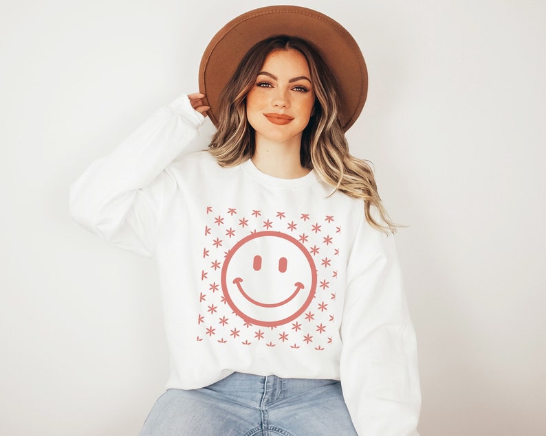 Smiley Face Sweatshirt Flower Pattern Smiley Sweatshirt Etsy