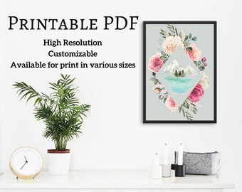 Floral wall art, pdf mountain, watercolor, watercolor mountain, printable poster, flower wreath, pdf, pdf mountain, pdf mountain poster