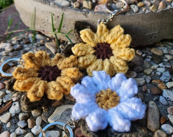 Porte-clés au crochet, fleurs au crochet, porte-clés marguerite au crochet, porte-clés tournesol au crochet, crochet, marguerite, tournesol, porte-clés fleur, crochet