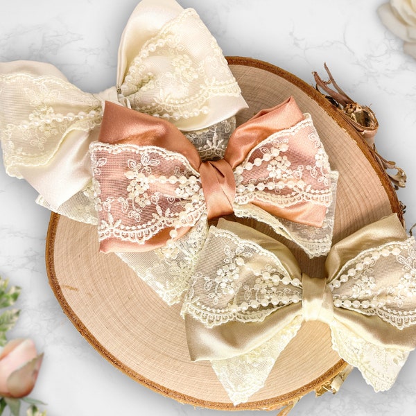 Flower girl hair bows, rustic satin and lace clip on or nylon hair bow for girls, champagne gold, dusty pink rose, or ivory color choices