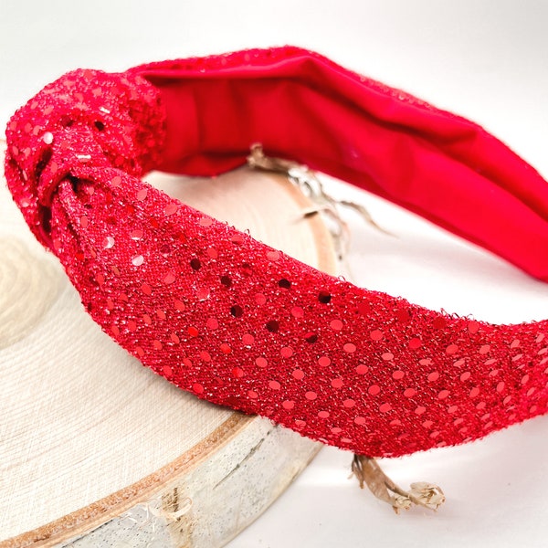 Red sparkle headband, red disco headband, red faux sequin knotted headband, red headband, top-knot turban style, comfortable fabric headband