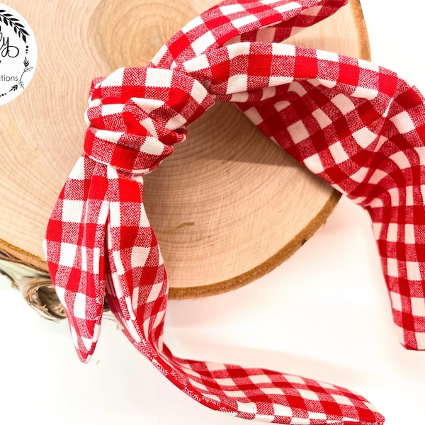 Red and white gingham headband for women and girls, red and white checkered headband, Bow knot headband, tie knot style, bbq picnic party