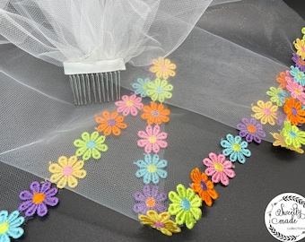 Groovy bride veil, Retro boho hippie flower veil for bachelorette, 60s 70s theme bridal shower veil, bright colorful wedding accessories