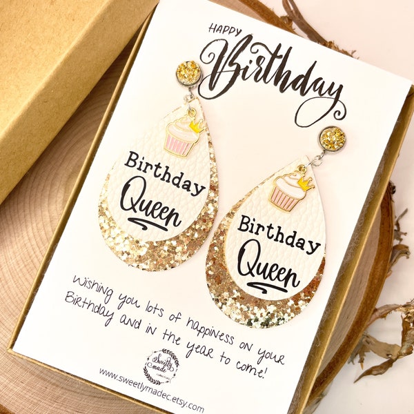 Birthday Queen earrings in gift box, birthday cupcake charm, gold glitter birthday jewelry, gold faux druzy and stainless steel stud