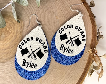 Color Guard earrings, color guard mom gift, personalized color guard jewelry with name and school colors, flag team customized earrings