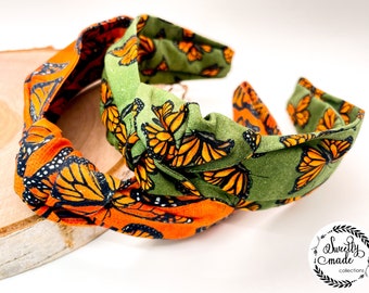 Monarch butterfly print headbands for women and girls, orange and green butterflies, Fabric top-knot, bow-knot headbands