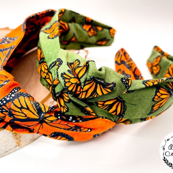 Monarch butterfly print headbands for women and girls, orange and green butterflies, Fabric top-knot, bow-knot headbands