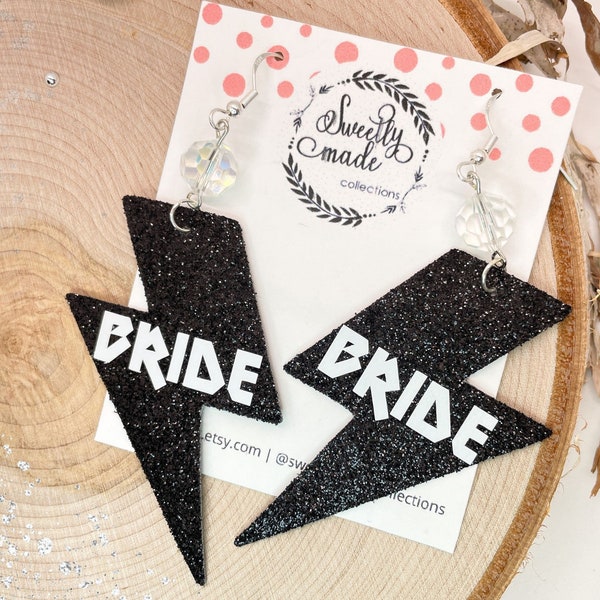 Bride earrings, black lightning bolt bachelorette jewelry, bride or die, til death do us party, rock and roll bridal shower, bach tour, edgy