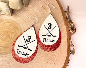 Hockey earrings, ice hockey mom gift, personalized hockey jewelry with name and number, customized team colors, coach gift