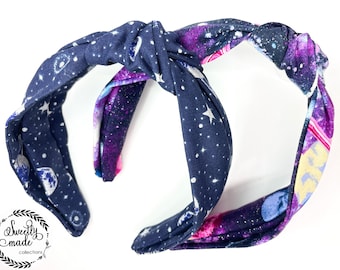 Space and galaxy print headbands for women and girls, stars moon planets, purple and blue glitter fabric top-knot, bow-knot headbands