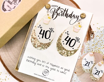 Birthday earrings in gift box, 40th birthday earrings, 21st birthday earrings, 30, 50, age number jewelry, gold glitter, cupcake earrings
