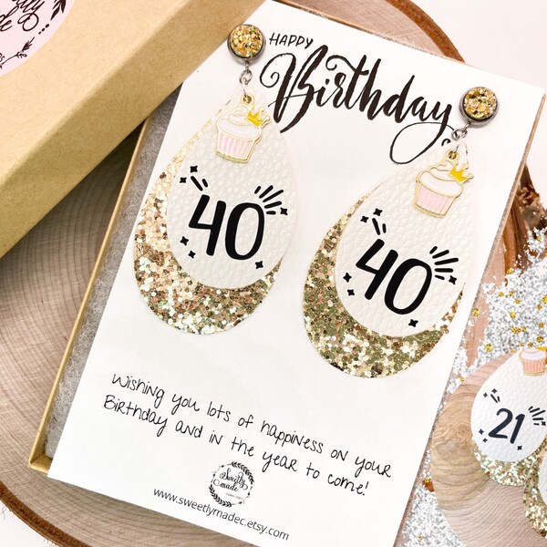 Birthday earrings in gift box, 40th birthday earrings, 21st birthday earrings, 30, 50, age number jewelry, gold glitter, cupcake earrings