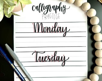 Moderne Kalligraphie Übungsblätter für Handlettering Wochentag Übungsblätter für das Erlernen der Kalligraphie Anleitung für Anfänger der Kalligraphie