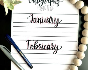 Modern Calligraphy Practice Sheet Months Hand Lettering Practice Sheets Digital Download Calligraphy Practice Template for Hand Lettering