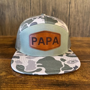 Marsh Duck Camo / Loden Green Custom Leather Patch Hats - Richardson 168 Custom Leather Patch Hat, Blank or Personalized, Seven Panel Hat