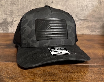 Black American Flag Hat – Camo or Solid Richardson 112 – Leather Patch Trucker Hat USA Gift
