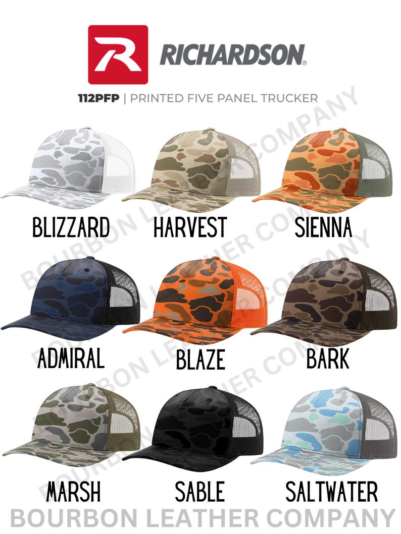 Richardson Duck Camo Hats with custom leather patch. Richardson 112PFP