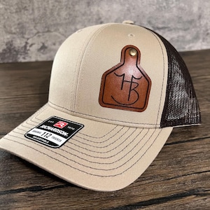 Cattle Ear Tag Custom Leather Patch TRUCKER Hats, Laser engraved cattle brand on real leather patch for your Ranch