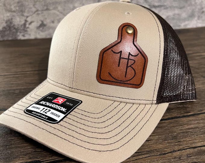 Custom Cattle Brand Leather Patch Trucker Hat - Ranch Logo