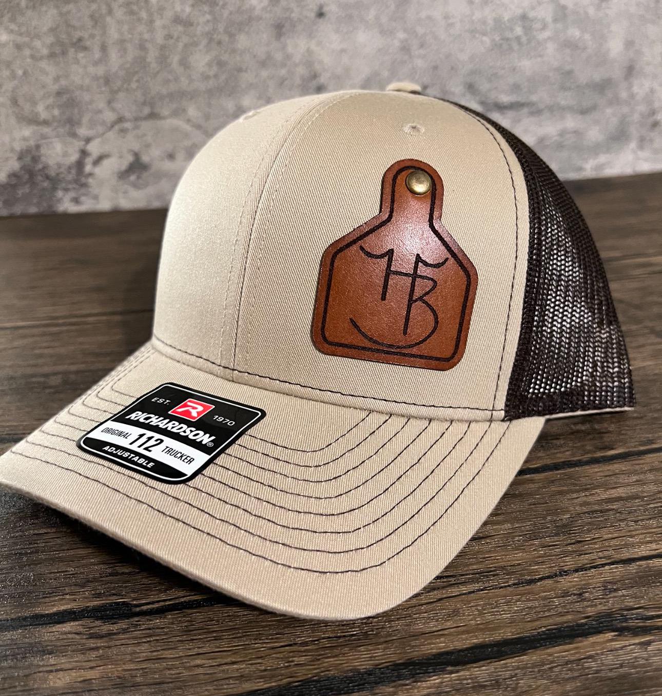 Cattle Ear Tag Custom Leather Patch TRUCKER Hats, Laser engraved cattle brand on real leather patch for your Ranch