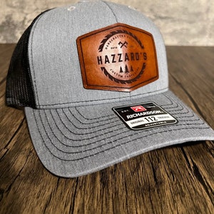 Custom Trucker Leather Patch Hat, Laser Engraved for Personal or Company brand, Personalized Logo or Text, Richardson 112 Hats, Unique Gift