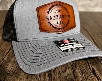 Custom Trucker Leather Patch Hat, Laser Engraved for Personal or Company brand, Personalized Logo or Text, Richardson 112 Hats, Unique Gift