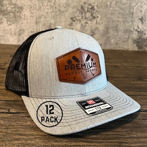 12 Custom Hats - Richardson 112 Leather Patch TRUCKER Hats, Laser engraved logo on leather patch hat for your business or personalized logo