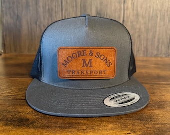 YP Yupoong 6006 Flat Bill Trucker Hat - Custom Leather Patch Hat