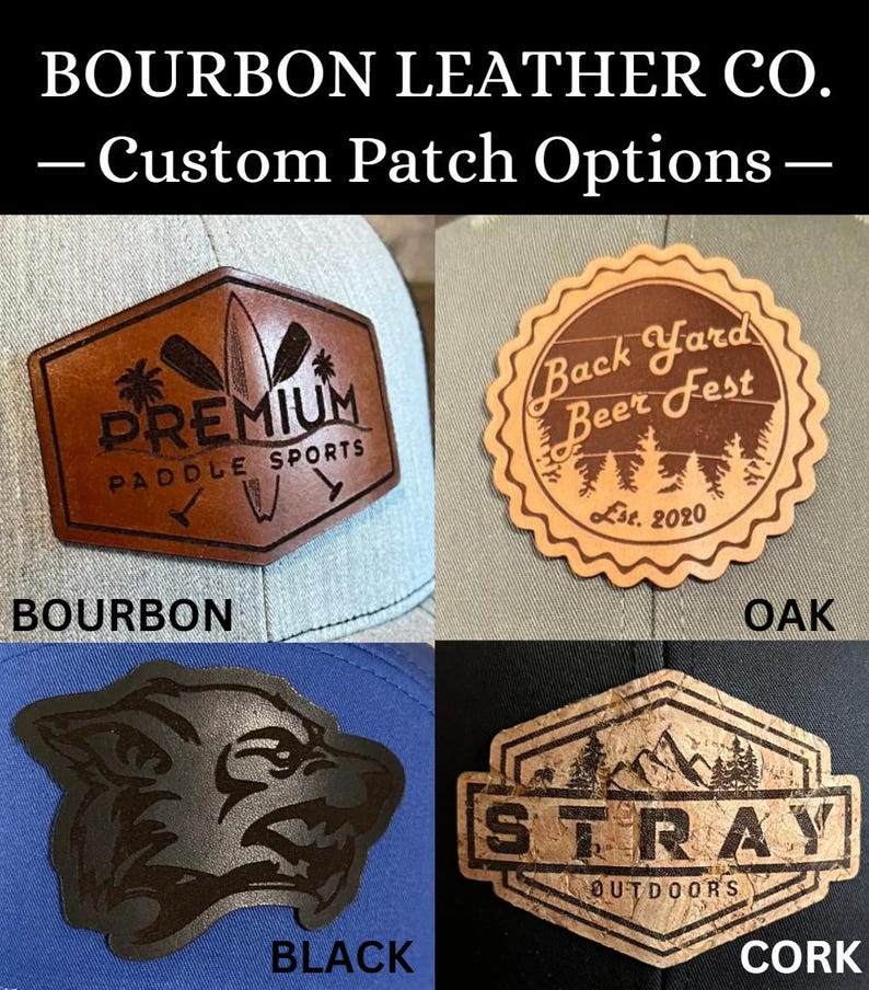 Op de afbeelding: Vier verschillende leren patches voor hoeden. De patches zijn in de kleuren bourbon, eikenhout, zwart en kurk. De patches hebben verschillende ontwerpen, waaronder een paddle sport logo, een back yard beer fest logo, een wolfskop en een stray outdoors logo.