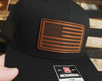 American Flag Hat / Leather Patch / USA Hat Snapback Trucker Ball Cap