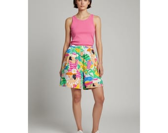 Vintage 80er Jahre Weiß Hirsch Neuheit Druck Hoch taillierte Shorts Tropische Strandszene L