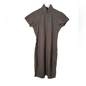Vintage cheongsam mandarin Brown plaid Sheath dress Small