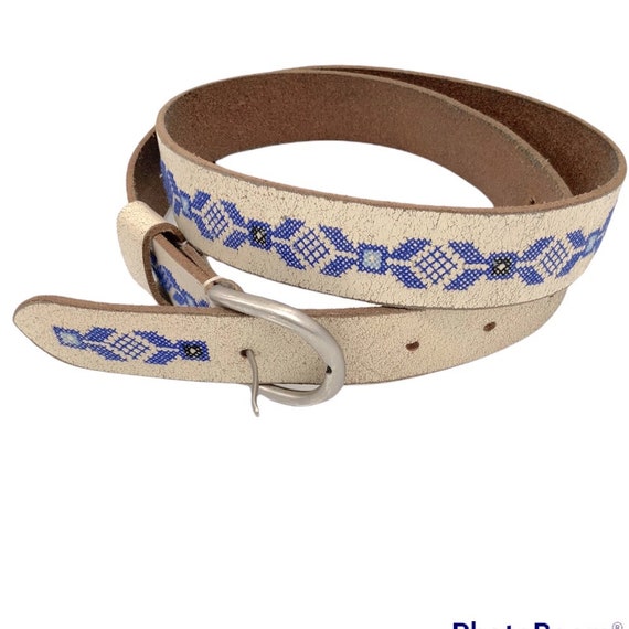 Leather belt embroidered crackled belt - image 1