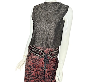 Vintage Gold Black Metallic Textured Split Back Sleeveless Top Lined Size 8