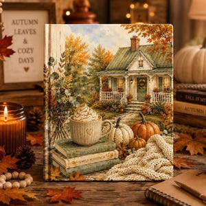 May include: A rectangular book cover featuring an illustration of a cozy cottage surrounded by autumn trees, a mug of coffee with whipped cream resting on a stack of books, pumpkins, and a knitted blanket in warm orange and brown tones.