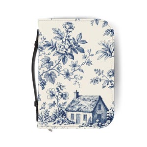 Blue Toile Cottage Floral Bible Cover | Zippered Scripture Case