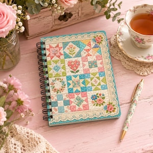 Op de afbeelding: Een spiraalgebonden notitieboek met een patchwork quiltontwerp op de kaft met diverse bloemen-, hart- en geometrische patronen in tinten roze, blauw, groen en geel. De kaft is afgewerkt met een crèmekleurige kanten rand.