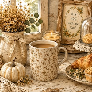 May include: A ceramic mug with a brown floral and ribbon pattern filled with coffee, placed next to a speckled pitcher with a lace bow, a small white pumpkin, a lit candle, a framed sign reading It is Well with my Soul, and a plate of pastries.