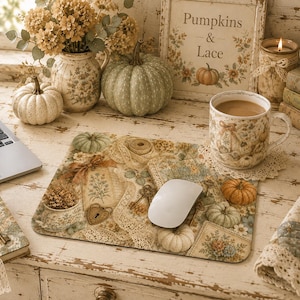 May include: A rectangular mouse pad featuring a vintage-inspired collage of lace, pumpkins, floral patterns, and keys. The design includes soft beige, green, and orange tones. A white computer mouse rests on the surface of the mouse pad.