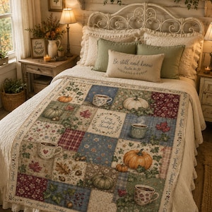 May include: A patchwork quilt featuring a seasonal autumn theme with printed images of pumpkins, mugs of coffee, and fall leaves. The quilt has a border with the repeating text Cozy, Grateful, Thankful and a central square with the same text.
