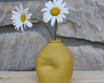 May include: A small, matte mustard yellow ceramic vase with a rounded, slightly indented body shape. Two white daisies with bright yellow centers are placed inside the vase, with their green stems extending upward from the narrow opening.