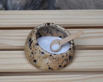 May include: A small, round, beige ceramic bowl with dark brown speckled markings, filled with white powder. A small, light-colored wooden spoon rests inside the bowl, partially submerged in the white substance, creating a functional set.