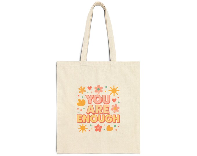 You Are Enough tote bag | positive affirmation canvas tote, floral retro design