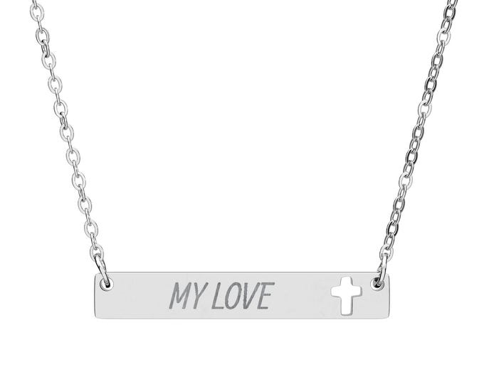 Engraved Cross Bar Necklace, Personalized Jewelry for Him or Her, Custom Gift for Anniversary, Birthday, or Christmas