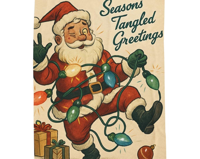 Vintage Tangled Santa Lights Velveteen Plush Blanket | Christmas Throw