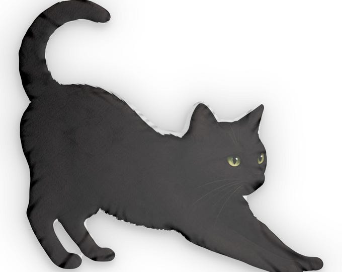 Stretching Black Cat Pillow | Custom Shaped Pillow, Cat Decor
