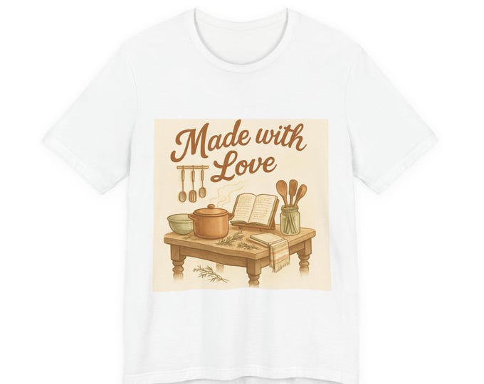 Made with Love kitchen illustration Tee | Rustic cooking table, recipe book, utensils