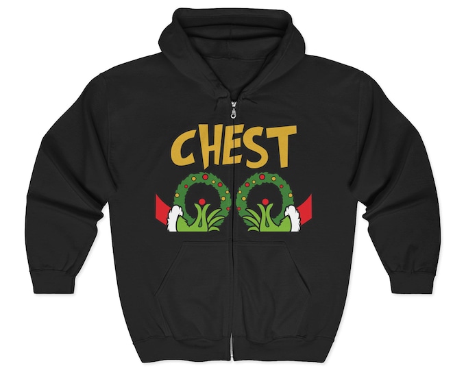 Grinch Chest Nuts Zip Hoodie | Holiday Wreaths, Funny Christmas Sweatshirt
