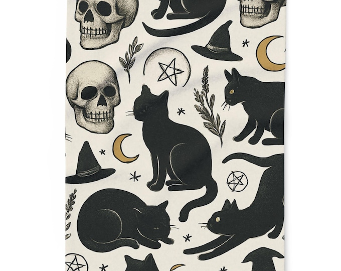 Gothic Cat and Skull Fleece Blanket | Cozy Halloween Throw, Black Cat Blanket, Gothic Decor, Spooky Home, Cat Lover Gift